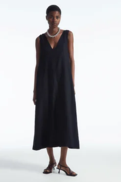 COS BOW-DETAIL LINEN MIDI DRESS-Women Dresses & Jumpsuits