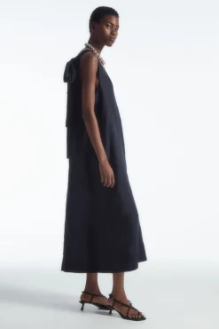 COS BOW-DETAIL LINEN MIDI DRESS-Women Dresses & Jumpsuits