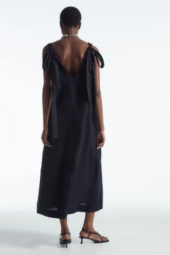 COS BOW-DETAIL LINEN MIDI DRESS-Women Dresses & Jumpsuits