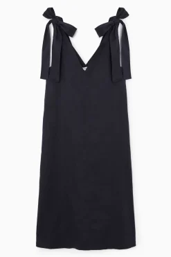 COS BOW-DETAIL LINEN MIDI DRESS-Women Dresses & Jumpsuits