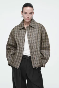 COS CHECKED WOVEN LEATHER JACKET-Women Coats & Jackets