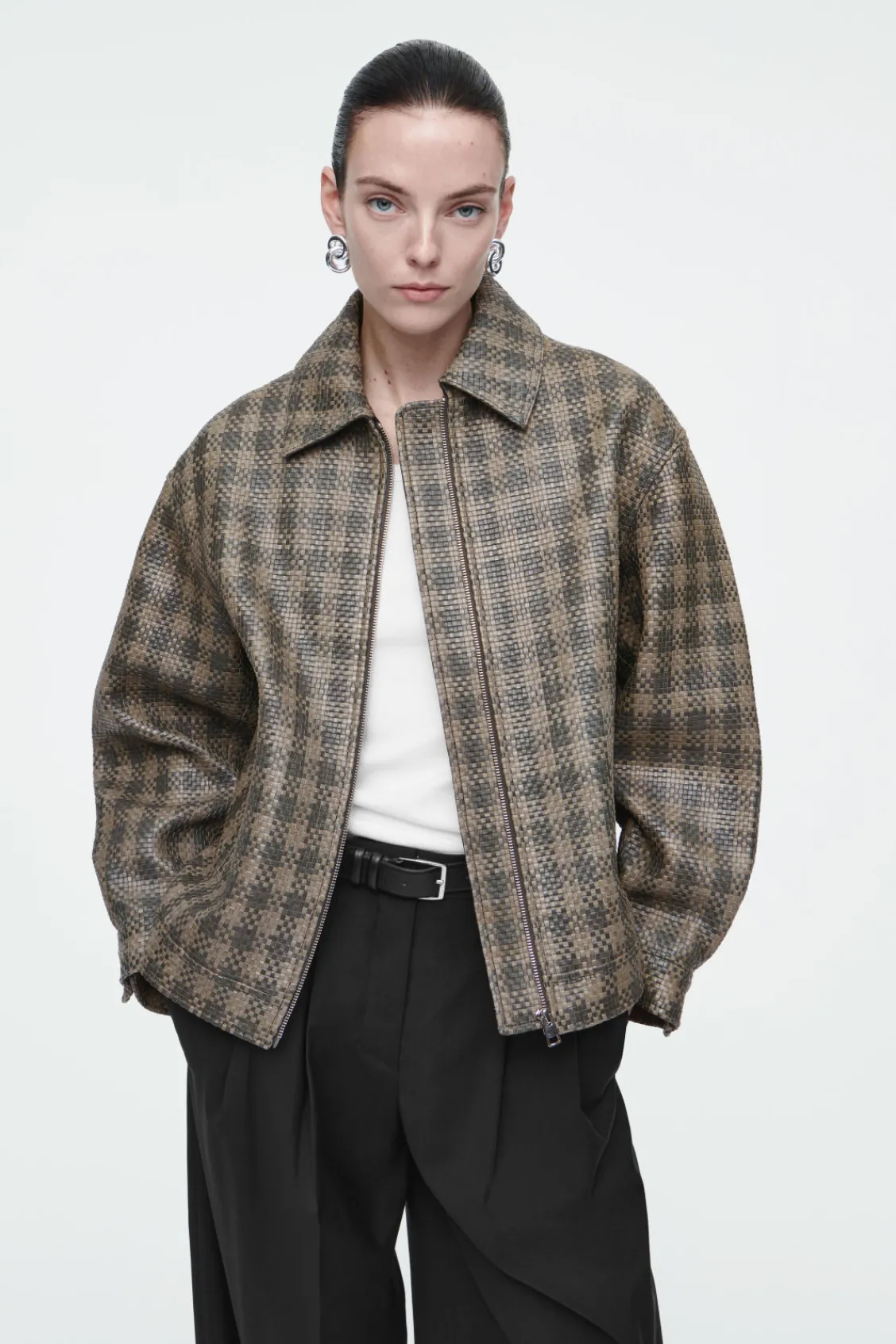 COS CHECKED WOVEN LEATHER JACKET-Women Coats & Jackets