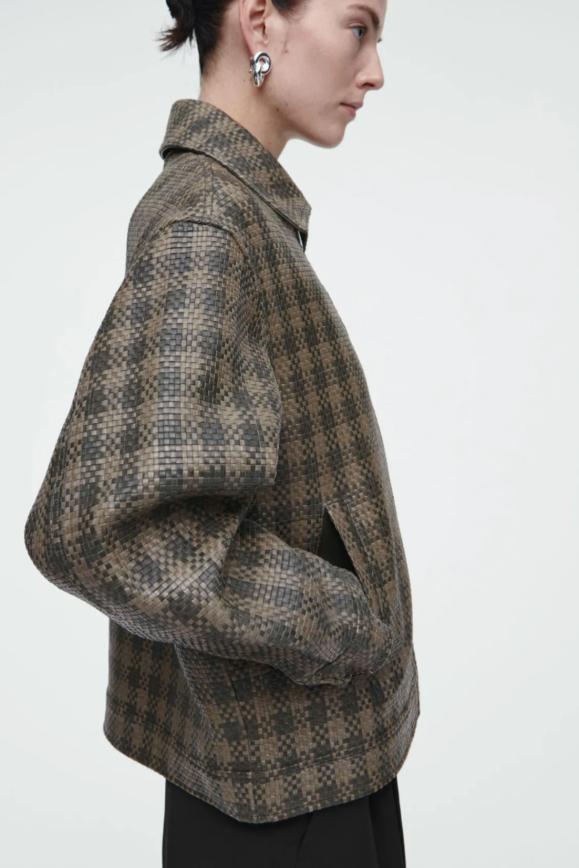 COS CHECKED WOVEN LEATHER JACKET-Women Coats & Jackets