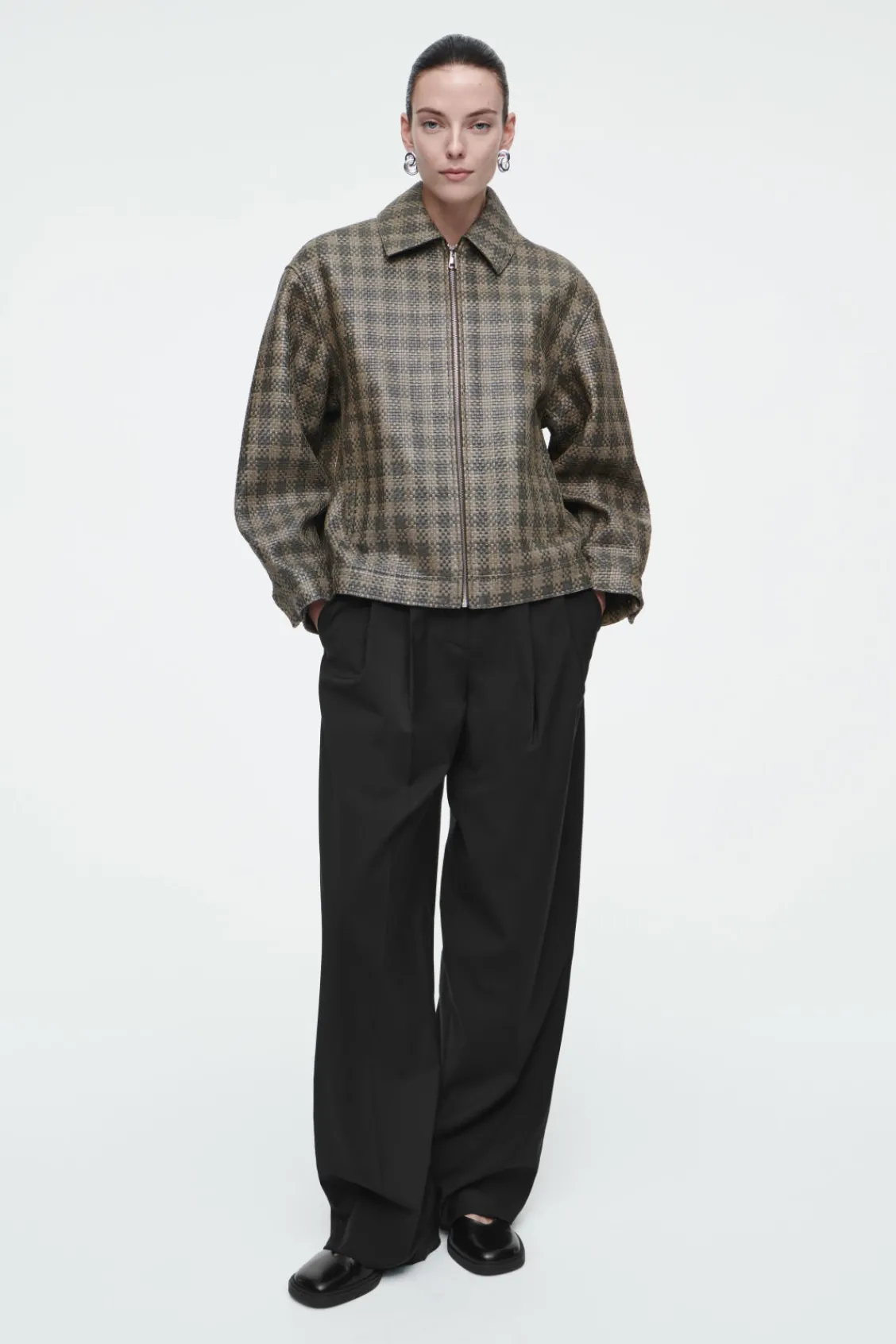 COS CHECKED WOVEN LEATHER JACKET-Women Coats & Jackets