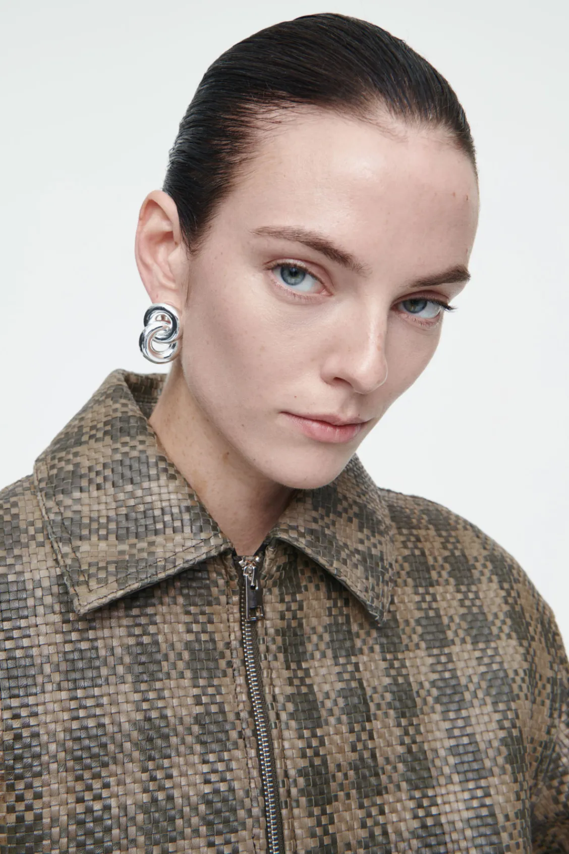 COS CHECKED WOVEN LEATHER JACKET-Women Coats & Jackets
