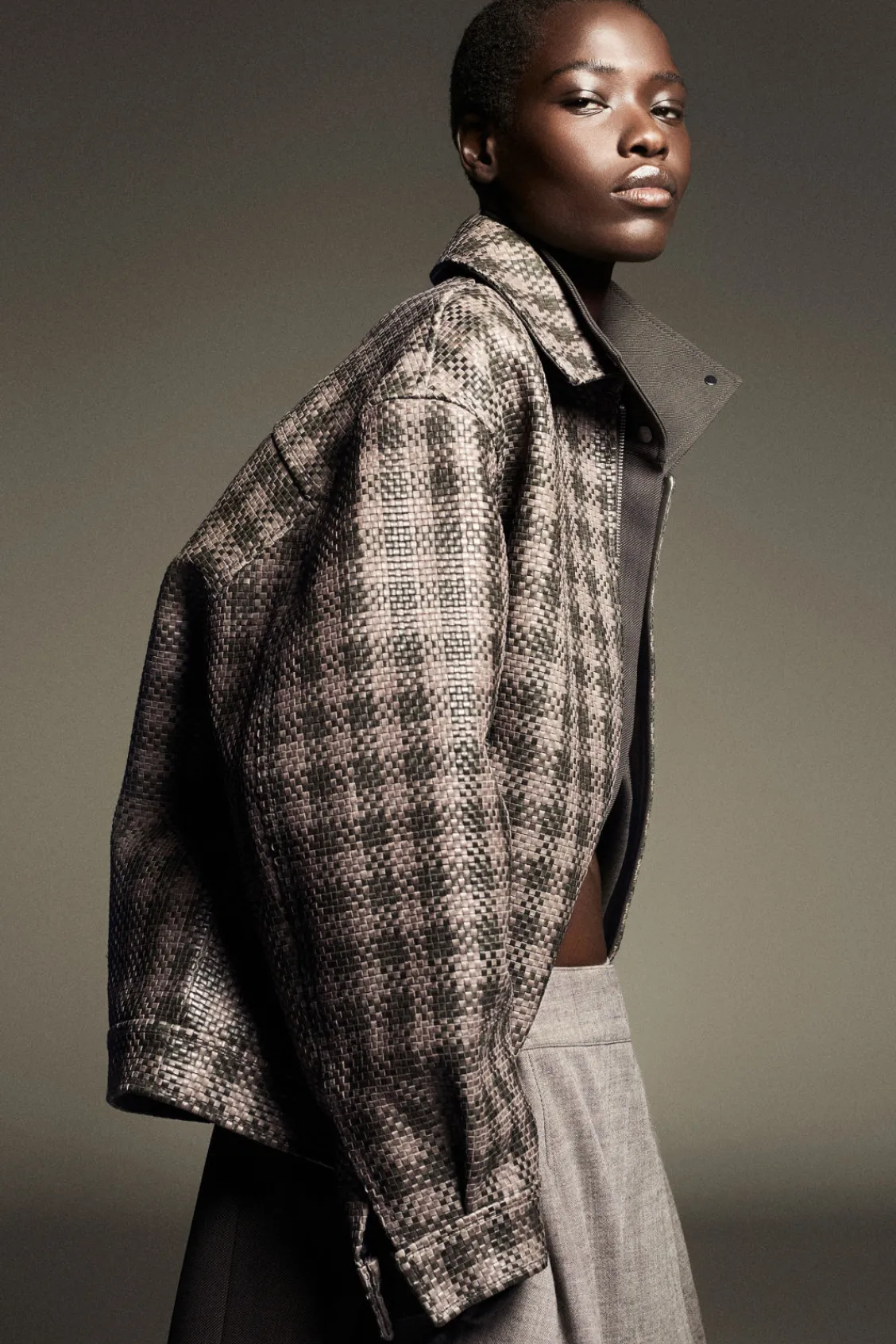COS CHECKED WOVEN LEATHER JACKET-Women Coats & Jackets
