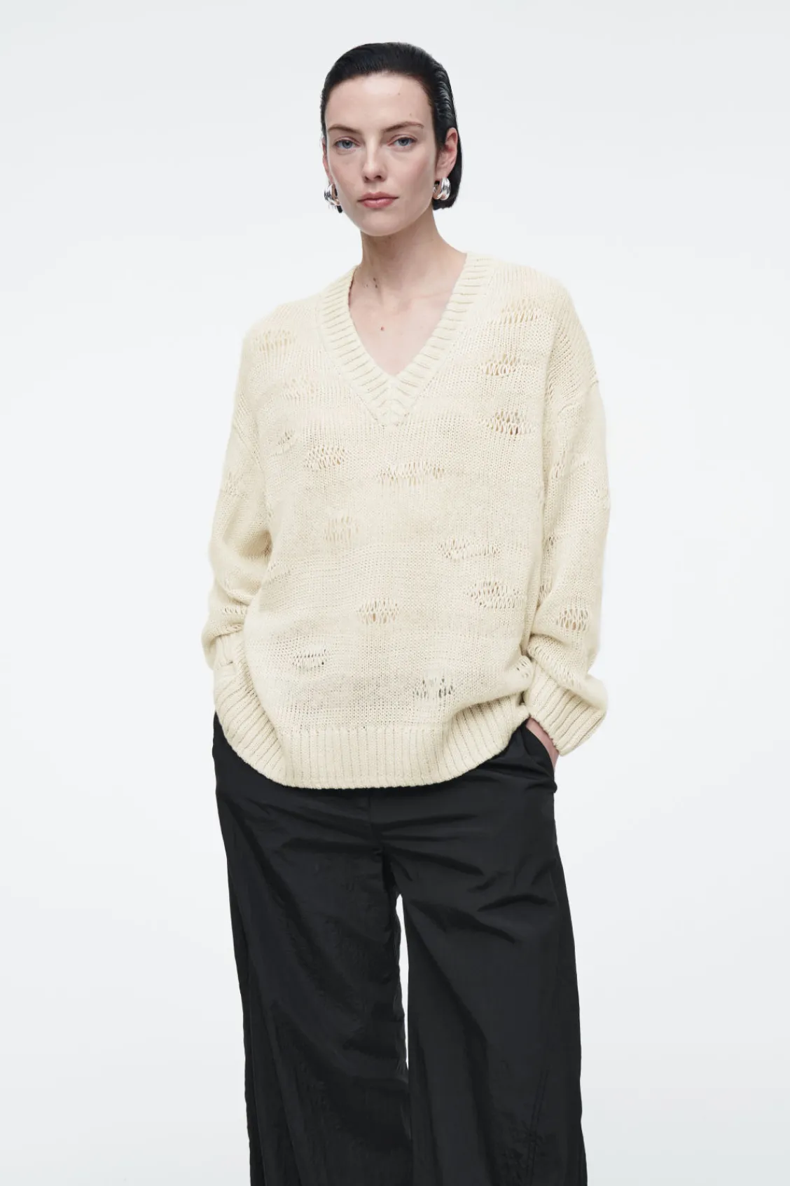 COS DISTRESSED STRIPED KNITTED LINEN-BLEND SWEATER-Women Sweaters & Cardigans