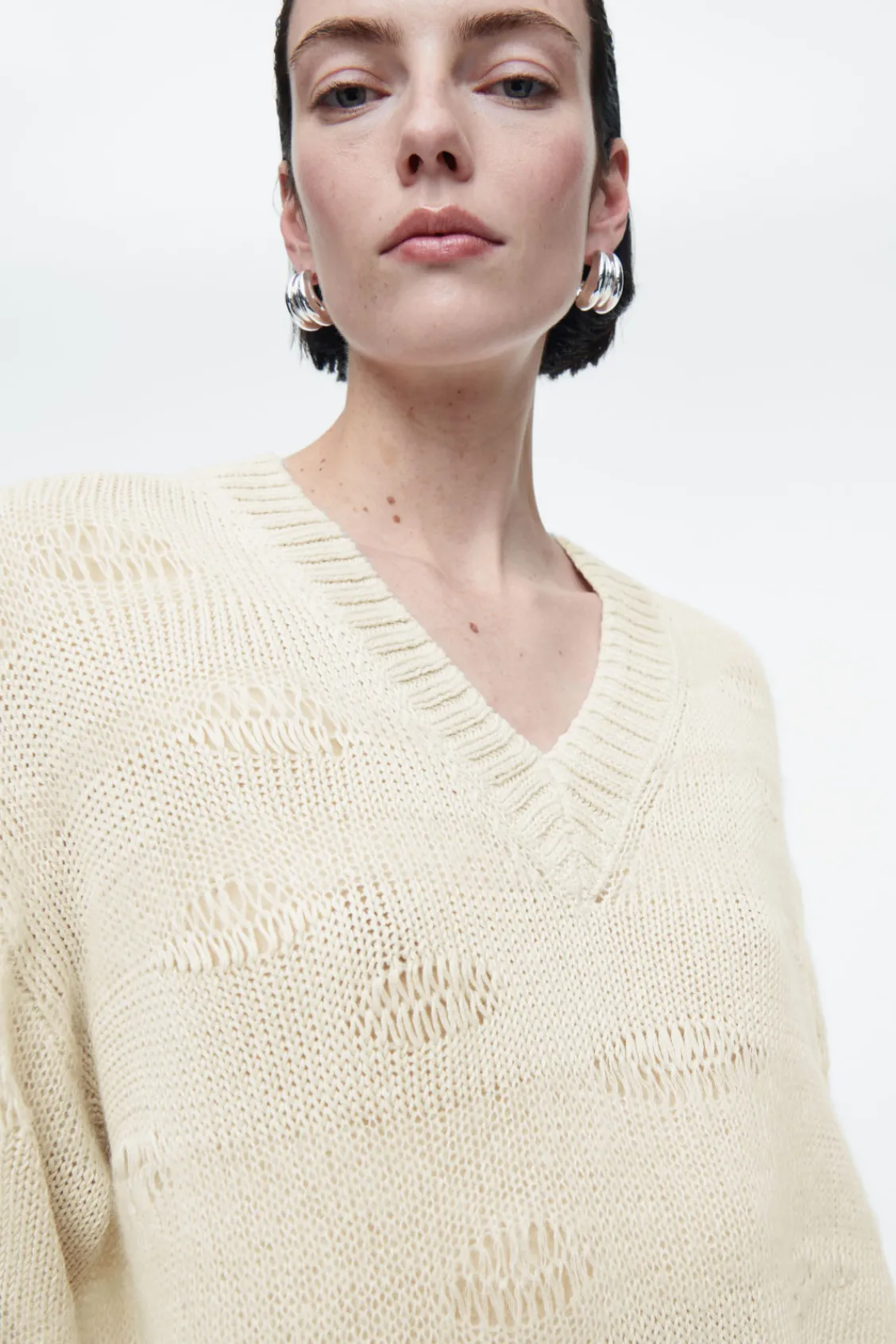 COS DISTRESSED STRIPED KNITTED LINEN-BLEND SWEATER-Women Sweaters & Cardigans