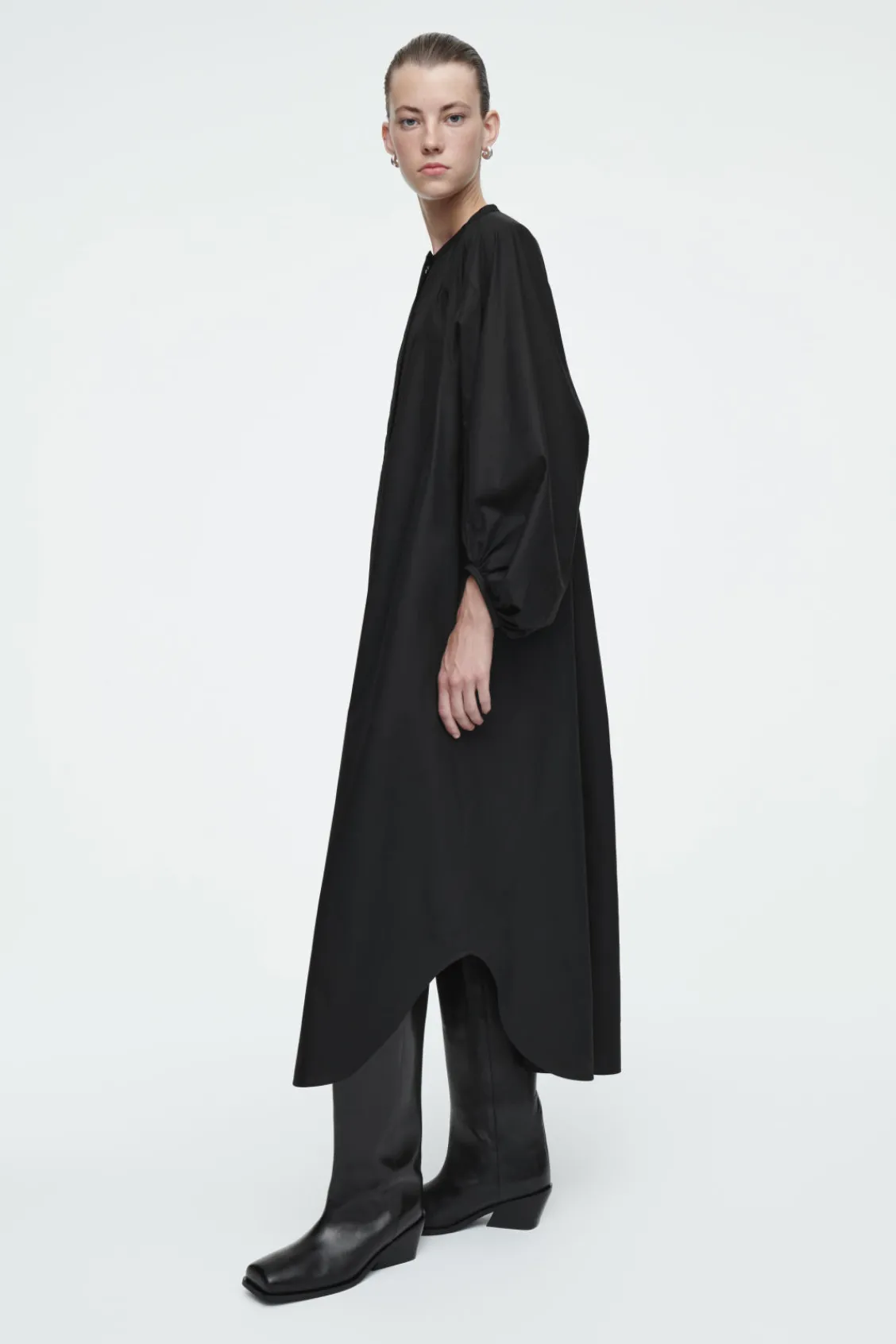 COS GATHERED BALLOON-SLEEVE MIDI DRESS-Women Dresses & Jumpsuits