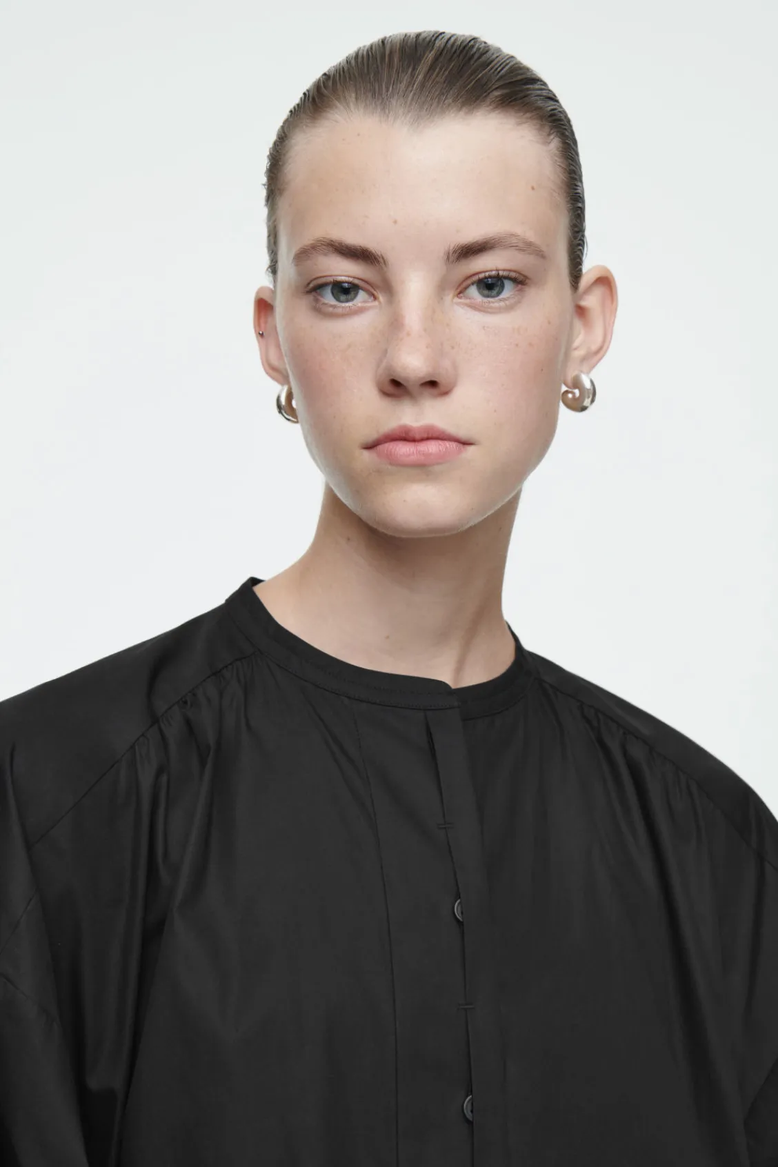 COS GATHERED BALLOON-SLEEVE MIDI DRESS-Women Dresses & Jumpsuits