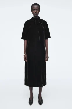 COS GATHERED SILK-BLEND VELVET MIDI DRESS-Women Dresses & Jumpsuits