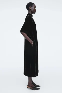 COS GATHERED SILK-BLEND VELVET MIDI DRESS-Women Dresses & Jumpsuits
