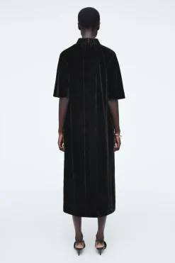 COS GATHERED SILK-BLEND VELVET MIDI DRESS-Women Dresses & Jumpsuits