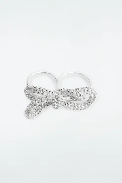 COS KNOTTED BOW CRYSTAL DOUBLE-FINGER RING-Women Jewelry