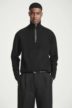 COS LEATHER-DETAIL MERINO WOOL HALF-ZIP SWEATER- Sweaters & Cardigans