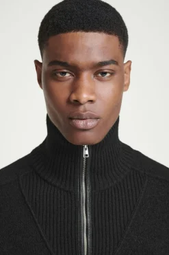 COS LEATHER-DETAIL MERINO WOOL HALF-ZIP SWEATER- Sweaters & Cardigans