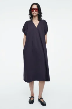 COS OVERSIZED RUCHED-SLEEVE V-NECK DRESS-Women Dresses & Jumpsuits