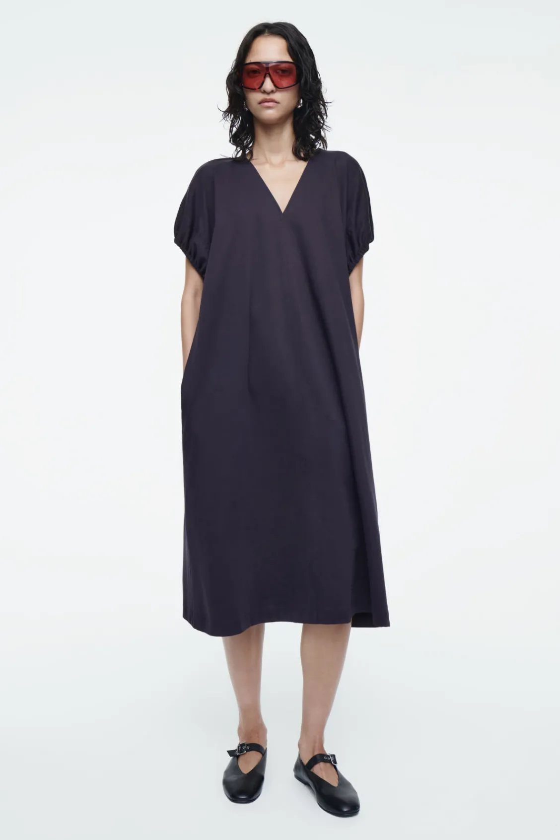 COS OVERSIZED RUCHED-SLEEVE V-NECK DRESS-Women Dresses & Jumpsuits