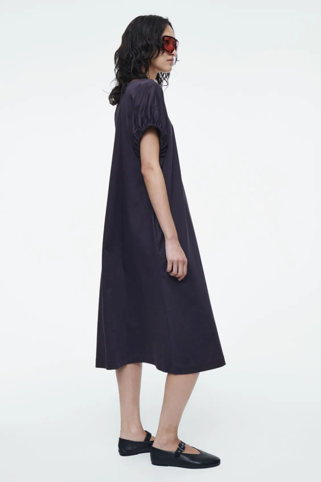 COS OVERSIZED RUCHED-SLEEVE V-NECK DRESS-Women Dresses & Jumpsuits