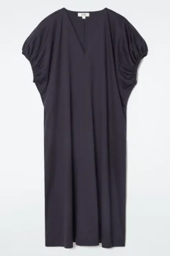 COS OVERSIZED RUCHED-SLEEVE V-NECK DRESS-Women Dresses & Jumpsuits