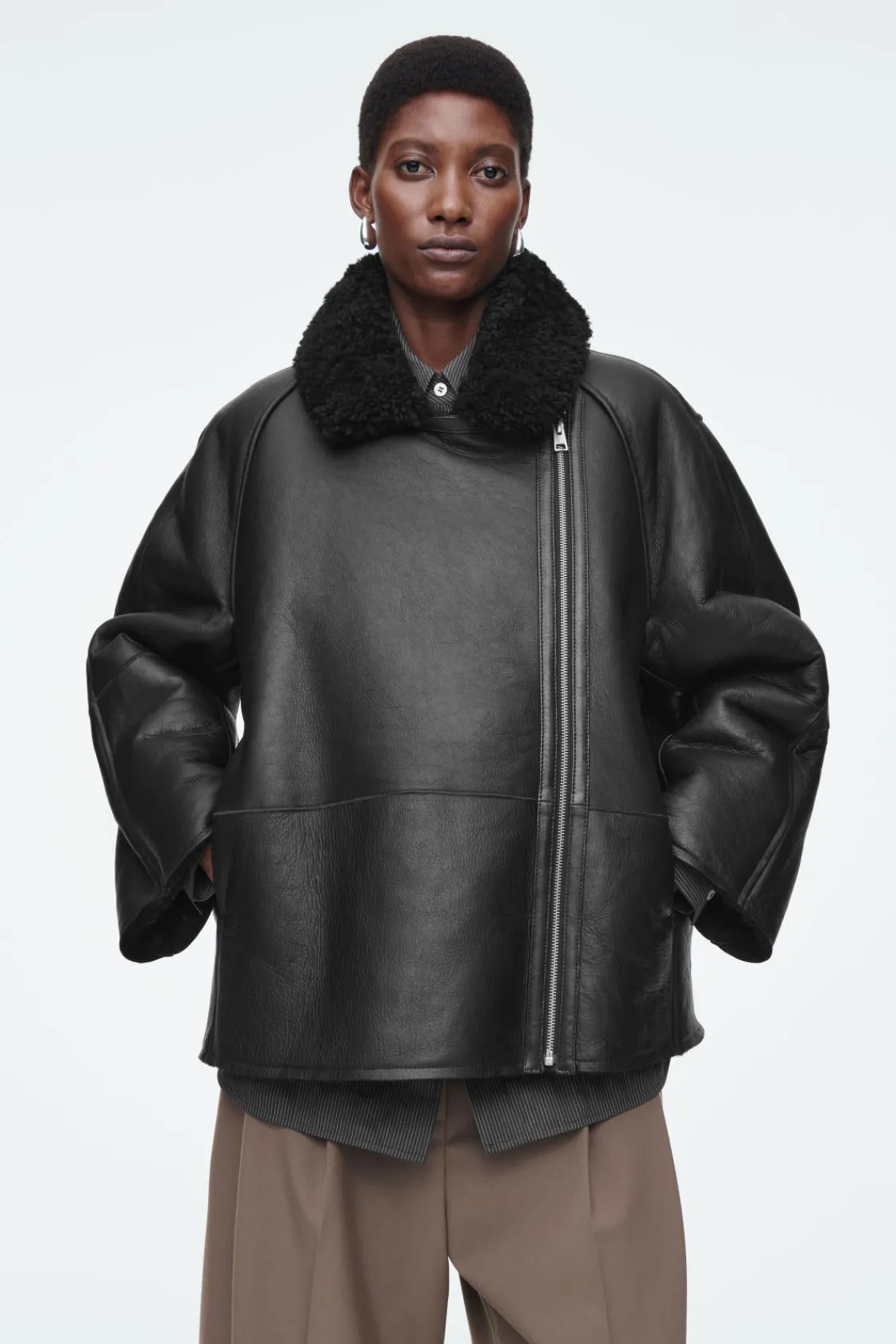COS OVERSIZED SHEARLING AVIATOR JACKET-Women Coats & Jackets