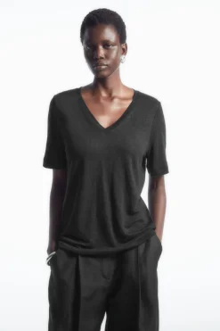 COS REGULAR V-NECK LINEN T-SHIRT-Women T-Shirts | Tops