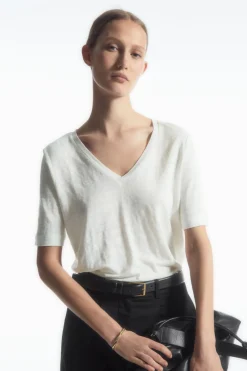 COS REGULAR V-NECK LINEN T-SHIRT-Women Tops | T-Shirts