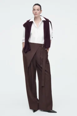 COS RELAXED BELTED WRAP-FRONT WOOL PANTS-Women Pants
