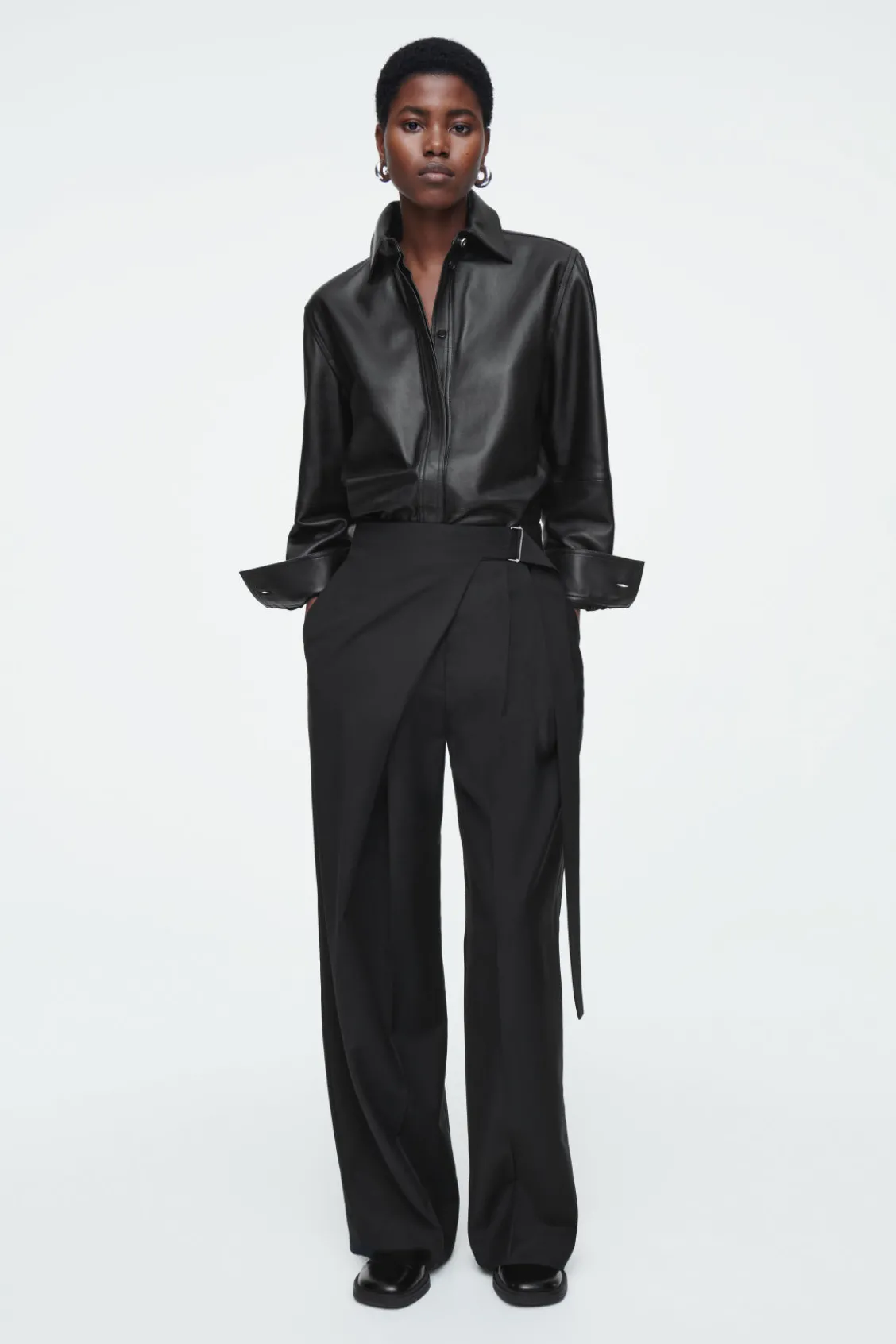 COS RELAXED BELTED WRAP-FRONT WOOL PANTS-Women Pants