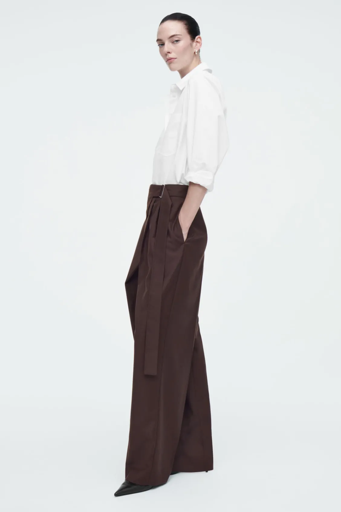 COS RELAXED BELTED WRAP-FRONT WOOL PANTS-Women Pants