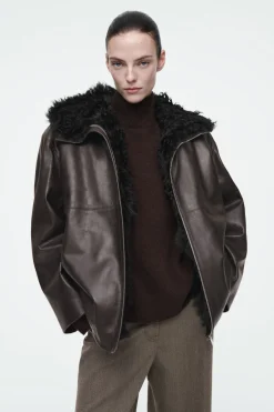 COS SHEARLING-LINED NAPPA HOODED JACKET-Women Coats & Jackets