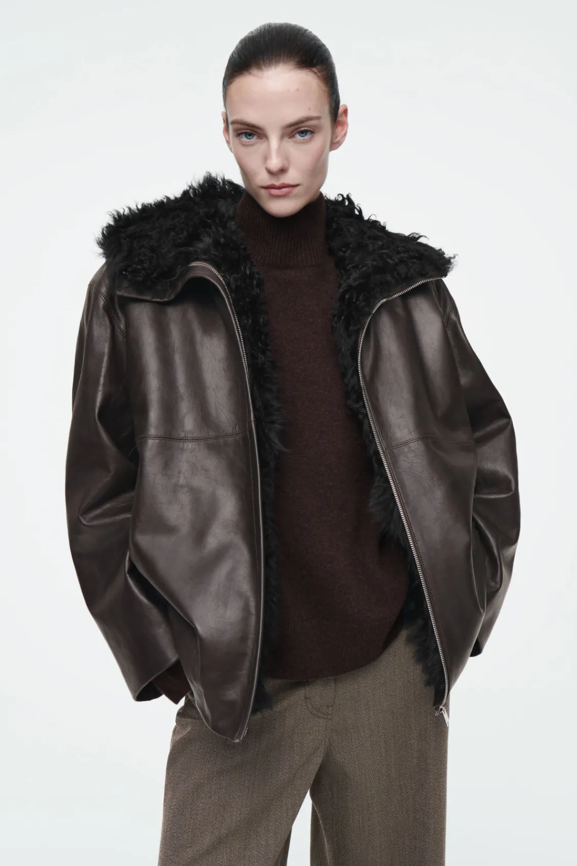 COS SHEARLING-LINED NAPPA HOODED JACKET-Women Coats & Jackets