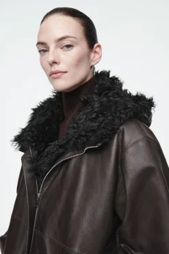 COS SHEARLING-LINED NAPPA HOODED JACKET-Women Coats & Jackets