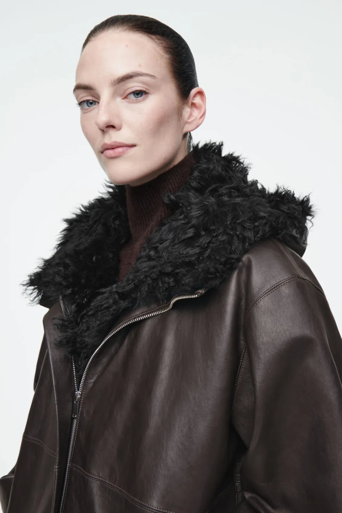COS SHEARLING-LINED NAPPA HOODED JACKET-Women Coats & Jackets