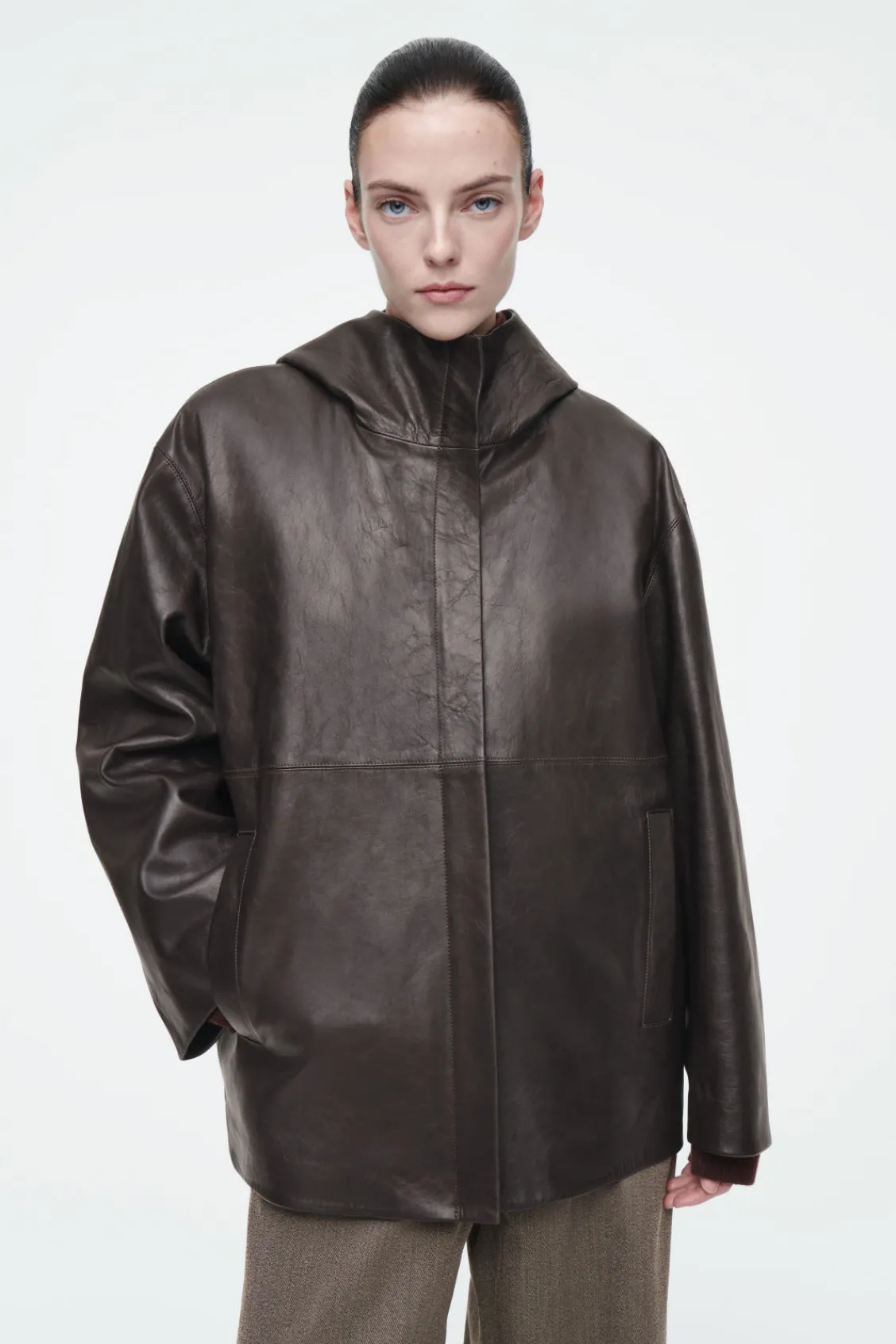 COS SHEARLING-LINED NAPPA HOODED JACKET-Women Coats & Jackets