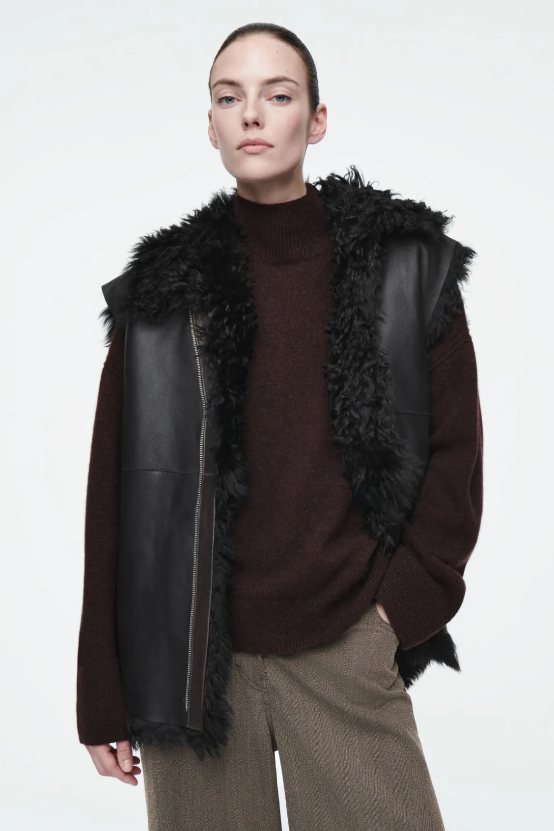 COS SHEARLING-LINED NAPPA HOODED JACKET-Women Coats & Jackets