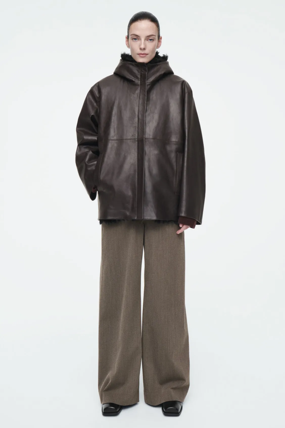 COS SHEARLING-LINED NAPPA HOODED JACKET-Women Coats & Jackets