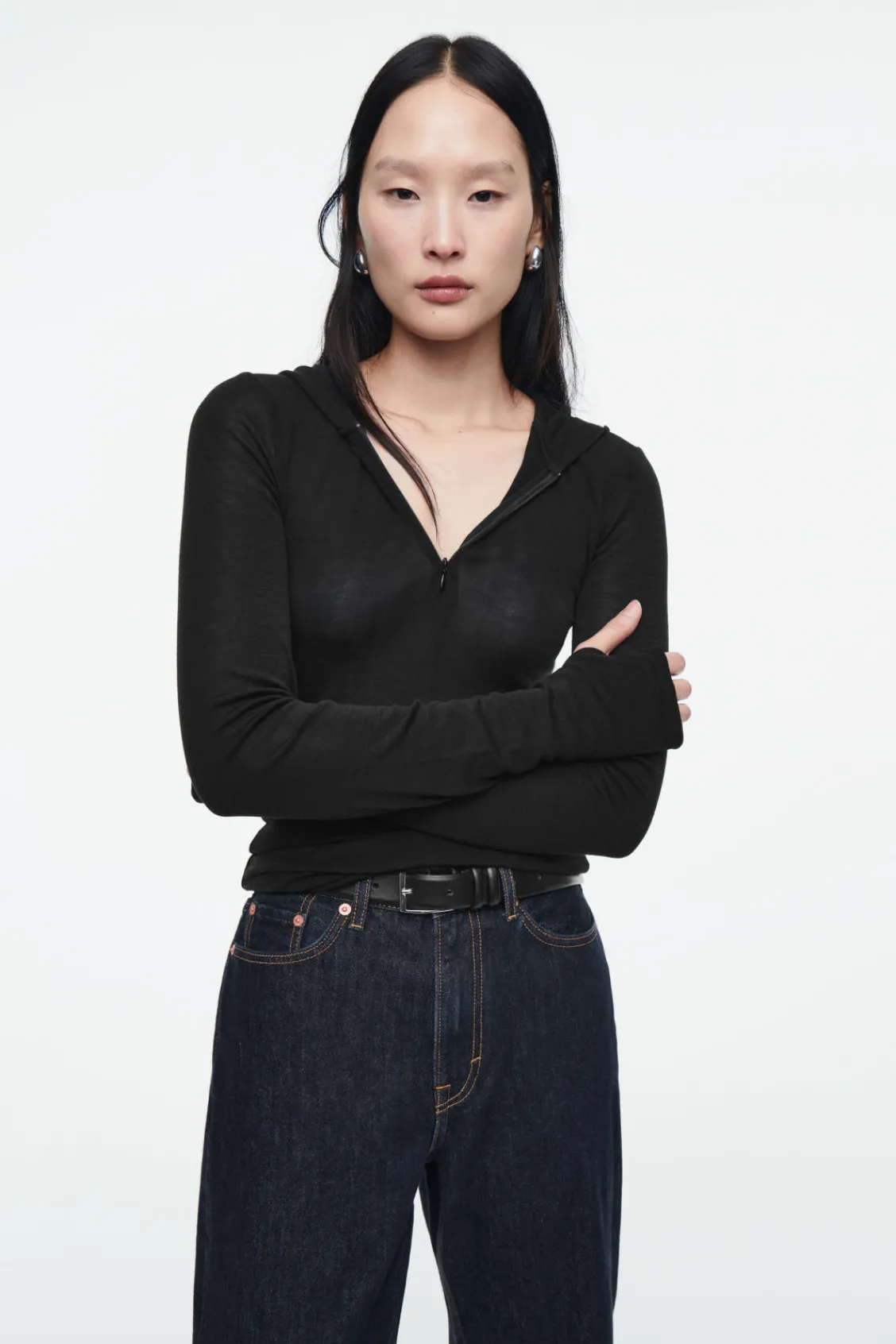 COS SLIM HALF-ZIP WOOL HOODIE-Women Tops | Sweaters & Cardigans