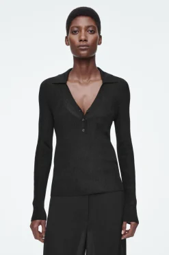 COS SPARKLY RIBBED-KNIT POLO SHIRT-Women Shirts & Blouses | Tops