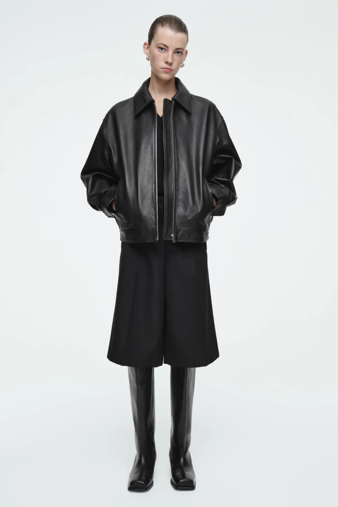 COS SQUARE-TOE LEATHER KNEE-HIGH BOOTS-Women Shoes