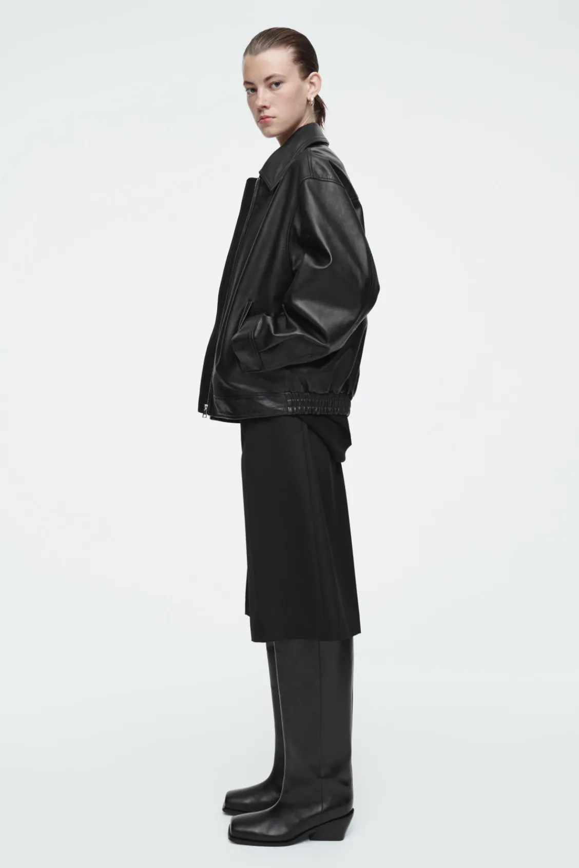 COS SQUARE-TOE LEATHER KNEE-HIGH BOOTS-Women Shoes