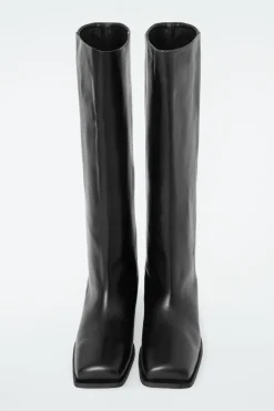 COS SQUARE-TOE LEATHER KNEE-HIGH BOOTS-Women Shoes
