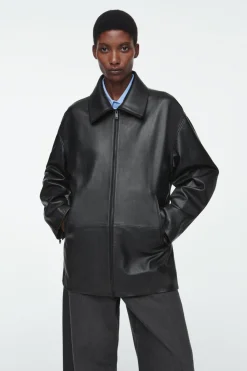 COS WAISTED LEATHER TRUCKER JACKET-Women Coats & Jackets