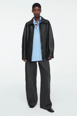 COS WAISTED LEATHER TRUCKER JACKET-Women Coats & Jackets
