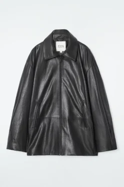 COS WAISTED LEATHER TRUCKER JACKET-Women Coats & Jackets
