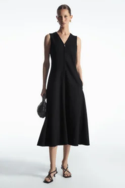 COS ZIP-FRONT V-NECK MIDI DRESS-Women Dresses & Jumpsuits