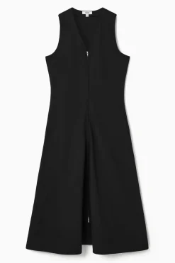 COS ZIP-FRONT V-NECK MIDI DRESS-Women Dresses & Jumpsuits